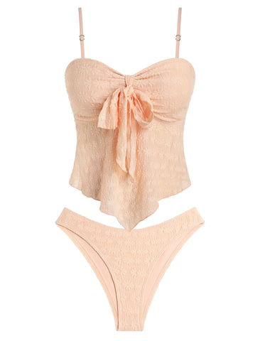 ZAFUL Tankini Swimsuits for Women Tie Front Ruffles Lace Textured High Cut Strapless Two Piece Swimsuit-AMZ