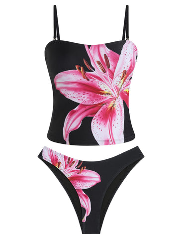 ZAFUL Women's Floral Tankini Swimsuits Bandeau Tummy Control High Cut Tankini Set Two Piece Bathing Suit-AMZ