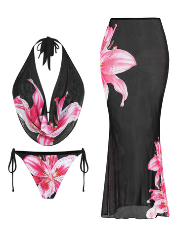 ZAFUL Women's 3 Piece Floral Swimsuit Draped Neck Halter Bikini Tie Side Bathing Suit with Sheer Cover Up Skirt-AMZ