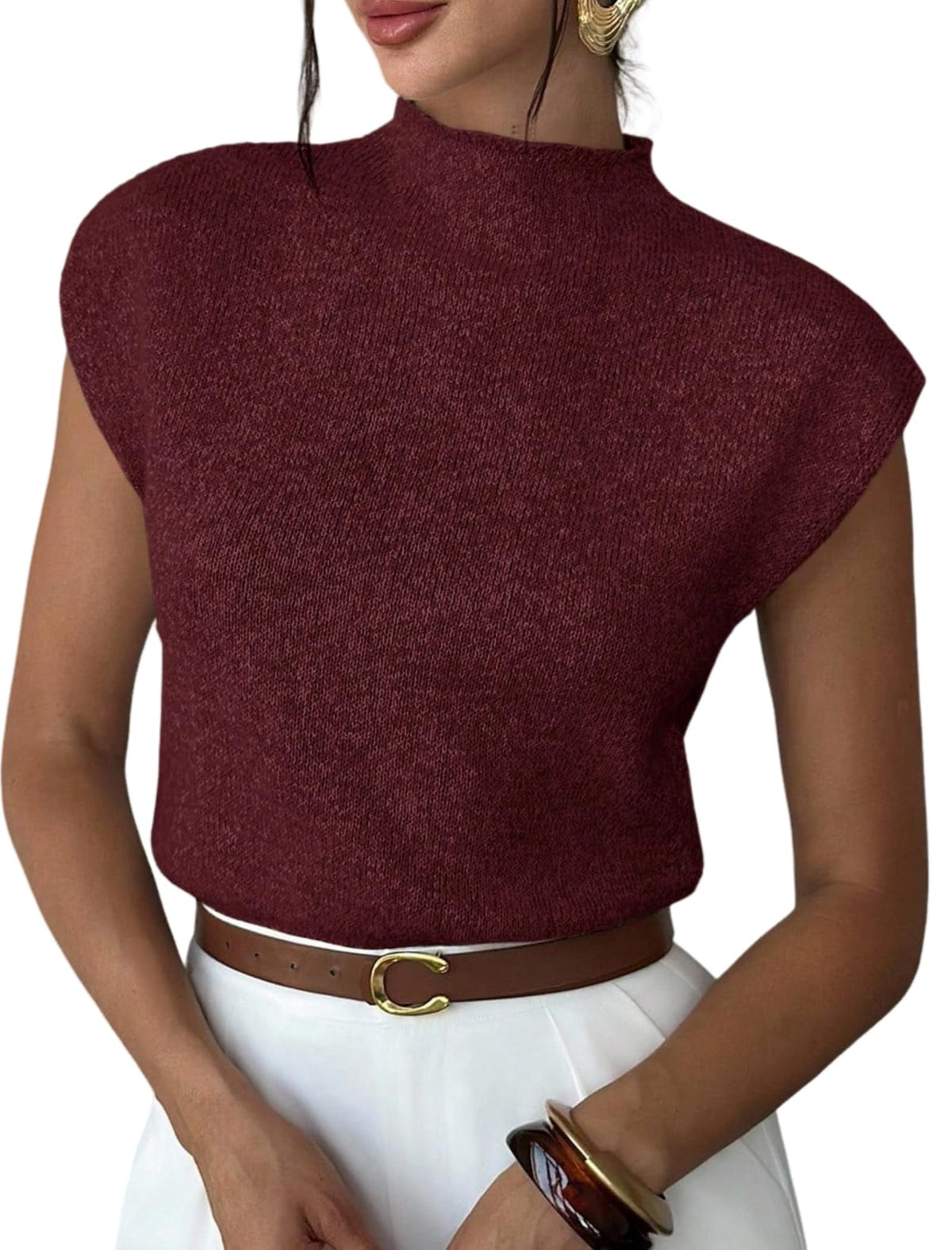 ZAFUL Women's Mock Neck Sweater Vest Cap Sleeve Casual Knit Pullover Tank Outfits Tops