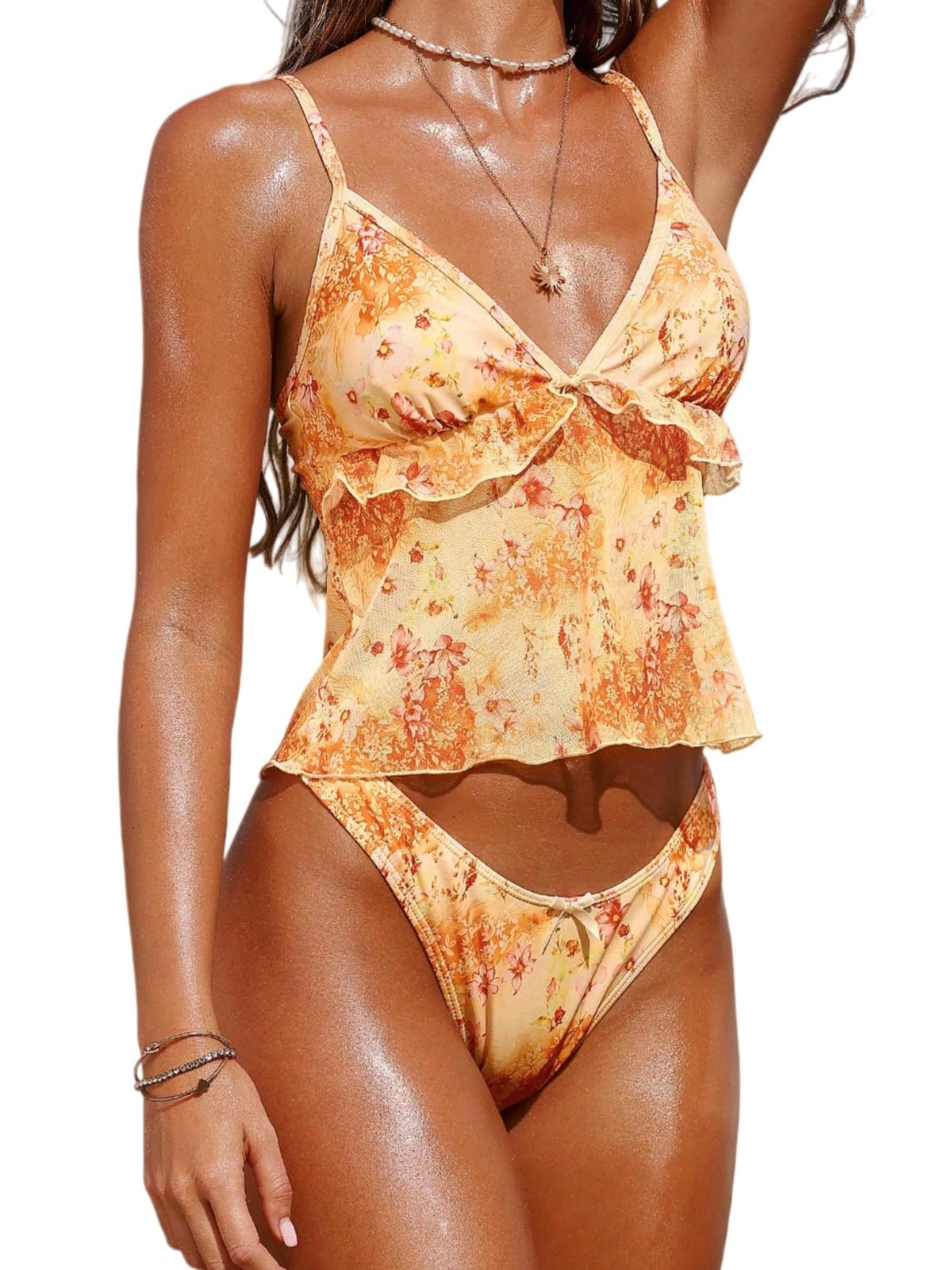 ZAFUL Tankini Swimsuits for Women V Neck Ruffle Floral Tummy Control Bikini Swimsuit 2 Pieces High Cut Bathing Suit-AMZ