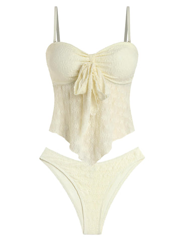 ZAFUL Tankini Swimsuits for Women Tie Front Ruffles Lace Textured High Cut Strapless Two Piece Swimsuit-AMZ