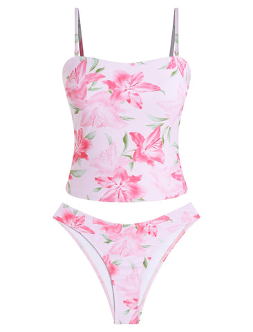 ZAFUL Women's Floral Tankini Swimsuits Bandeau Tummy Control High Cut Tankini Set Two Piece Bathing Suit-AMZ