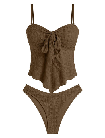 ZAFUL Tankini Swimsuits for Women Tie Front Ruffles Lace Textured High Cut Strapless Two Piece Swimsuit-AMZ