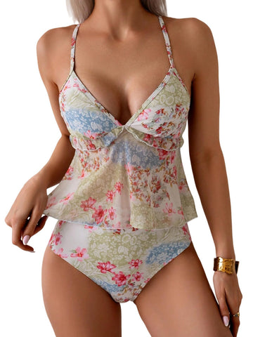 ZAFUL Tankini Swimsuits for Women V Neck Ruffle Floral Tummy Control Bikini Swimsuit 2 Pieces High Cut Bathing Suit-AMZ