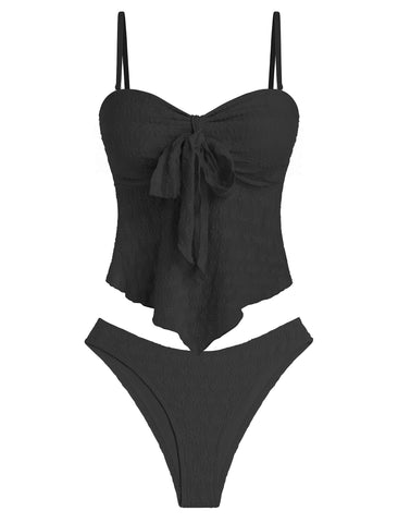 ZAFUL Tankini Swimsuits for Women Tie Front Ruffles Lace Textured High Cut Strapless Two Piece Swimsuit-AMZ