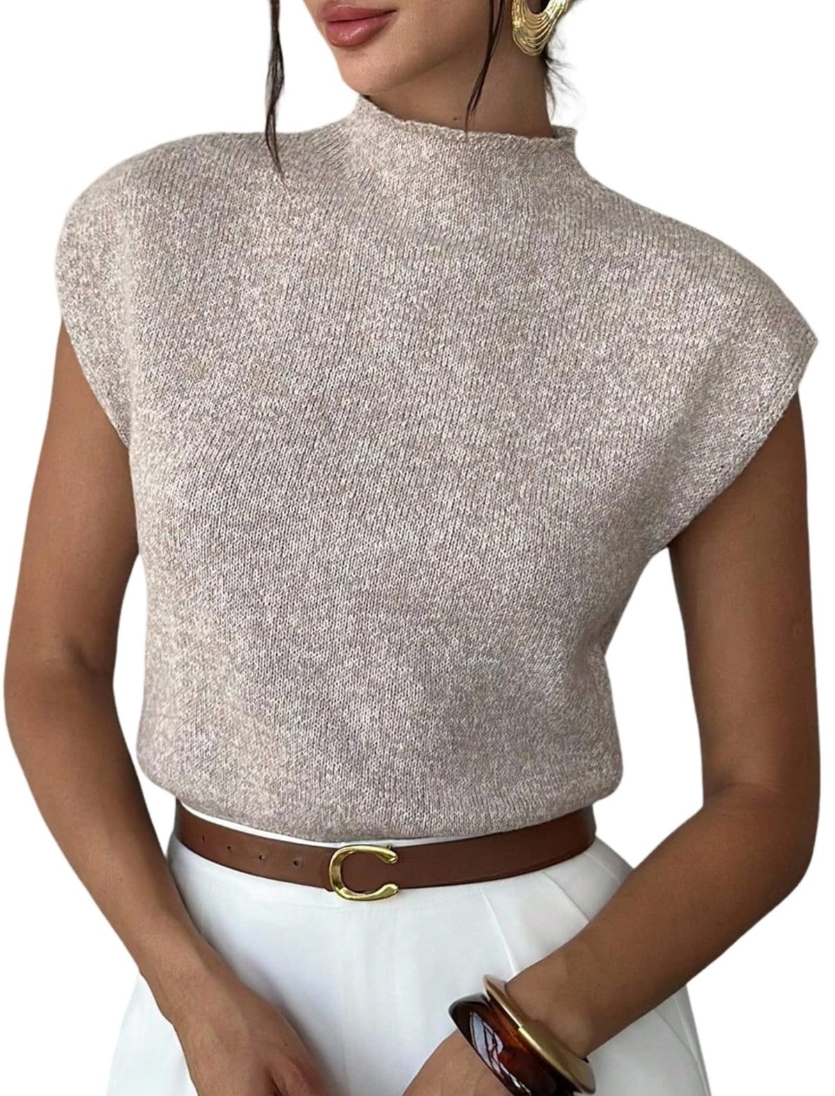 ZAFUL Women's Mock Neck Sweater Vest Cap Sleeve Casual Knit Pullover Tank Outfits Tops