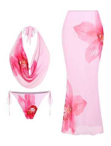 ZAFUL Women's 3 Piece Floral Swimsuit Draped Neck Halter Bikini Tie Side Bathing Suit with Sheer Cover Up Skirt-AMZ