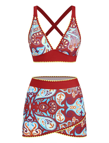 ZAFUL Women's High Waisted Bikini with Skirt Whip Stitch 2 Piece Swimsuits Tummy Control Bathing Suit