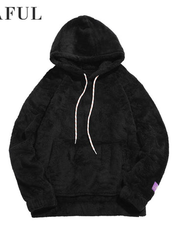 Men's Solid Fluffy Sherpa Hoodie Oversized Hooded Pullover Winter Fuzzy Sweatshirt Outwear with Kangaroo Pocket