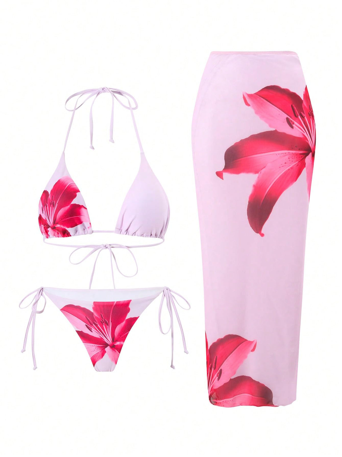 ZAFUL Womens 3pcs Swimsuit Floral Halter Triangle Bikini Top Tie Side Bottom with Long Sheer Cover Up Skirt-AMZ