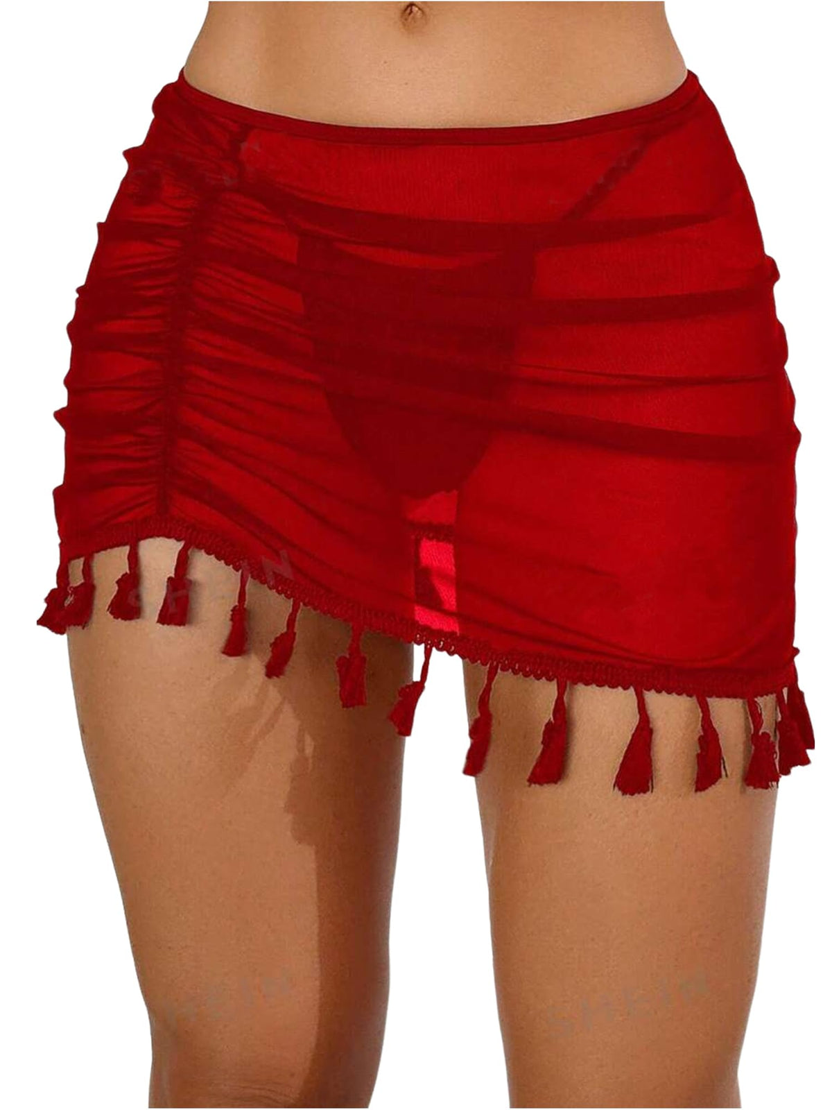ZAFUL Women Beach Sheer Cover Ups Boho Mesh Bikini Ruched Tassel Skirt for Swimwear