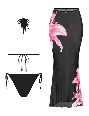 ZAFUL Women's 3 Piece Floral Swimsuit Draped Neck Halter Bikini Tie Side Bathing Suit with Sheer Cover Up Skirt-AMZ