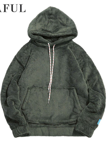 Men's Solid Fluffy Sherpa Hoodie Oversized Hooded Pullover Winter Fuzzy Sweatshirt Outwear with Kangaroo Pocket