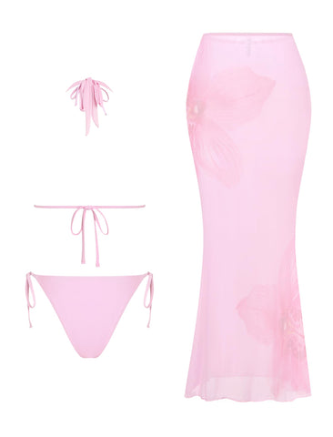 ZAFUL Women's 3 Piece Floral Swimsuit Draped Neck Halter Bikini Tie Side Bathing Suit with Sheer Cover Up Skirt-AMZ