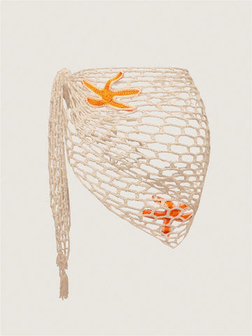 ZAFUL Crochet Sarong Coverups for Women Beach Vacation Starfish See Thru Tie Side Bathing Suit Cover Up Mini Skirt-AMZ