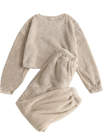 ZAFUL Women's Fuzzy Lounge Casual Pajamas Sets Long Sleeve Fleece Pullover and Pants Set 2 Piece Sleepwear