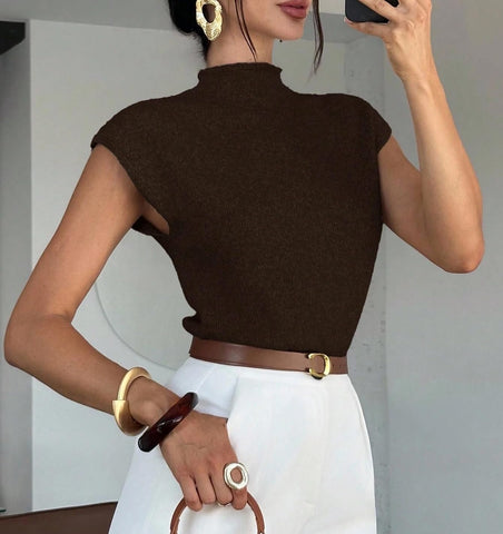 ZAFUL Women's Mock Neck Sweater Vest Cap Sleeve Casual Knit Pullover Tank Outfits Tops