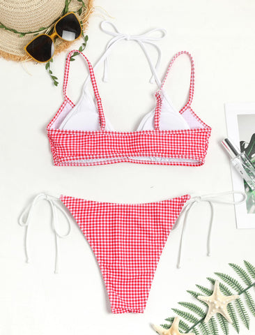 ZAFUL Women's Plaid Bikini Set Colorblock Dual Straps Halter String Tie Side 2 Piece Swimsuit Bathing Suit-AMZ