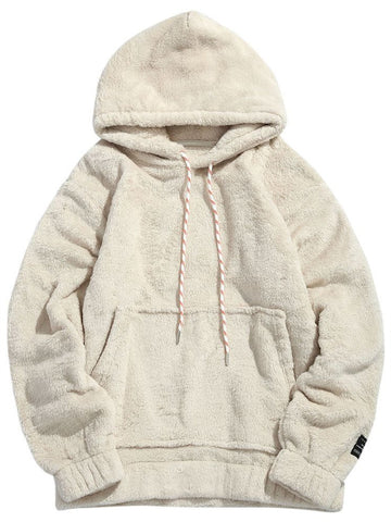 Men's Solid Fluffy Sherpa Hoodie Oversized Hooded Pullover Winter Fuzzy Sweatshirt Outwear with Kangaroo Pocket