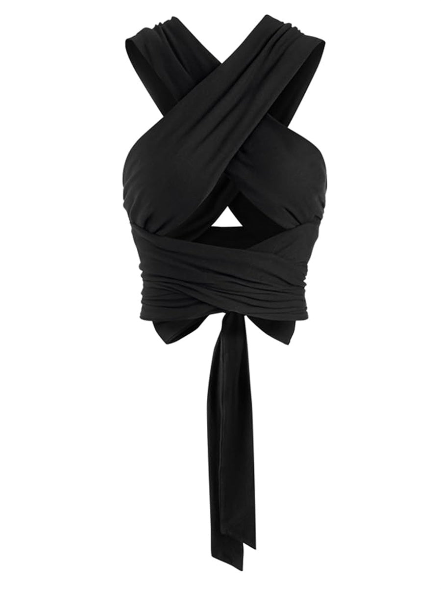 ZAFUL Women's Ribbed Halter Crop Top Ruched Lace-up Cropped Cami Bandana Top Criss Cross Wrap Print Tank Top