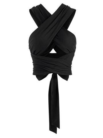 ZAFUL Women's Ribbed Halter Crop Top Ruched Lace-up Cropped Cami Bandana Top Criss Cross Wrap Print Tank Top