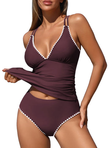 ZAFUL Womens Tankini Swimsuits V Neck Push Up Swim Top Color Block Tummy Control High Waisted Bathing Suits Swim Bottom
