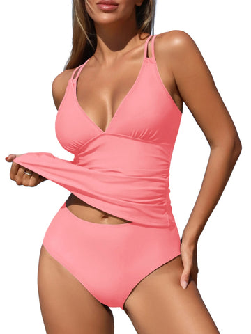 ZAFUL Womens Tankini Swimsuits V Neck Push Up Swim Top Color Block Tummy Control High Waisted Bathing Suits Swim Bottom
