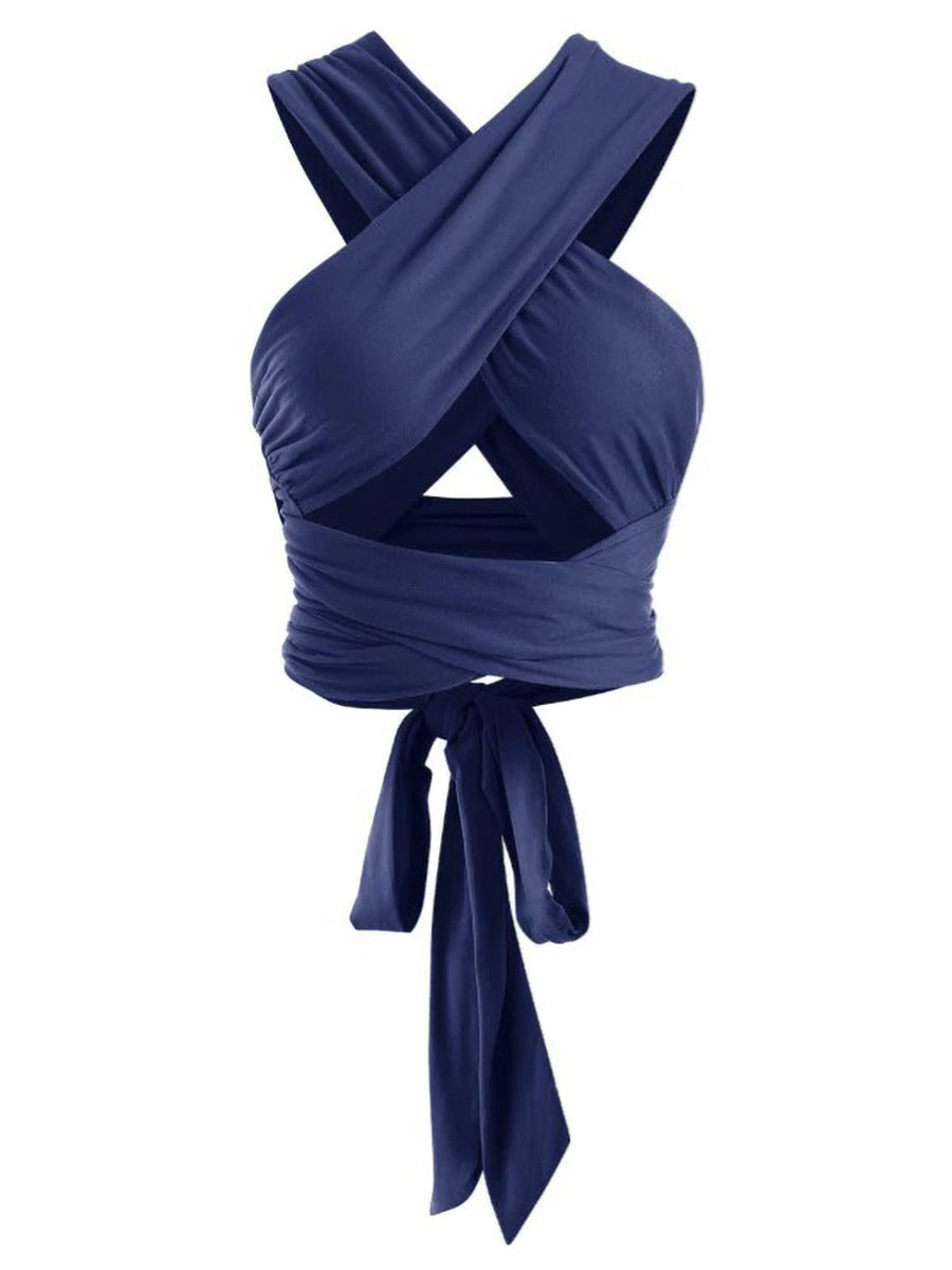 ZAFUL Women's Ribbed Halter Crop Top Ruched Lace-up Cropped Cami Bandana Top Criss Cross Wrap Print Tank Top