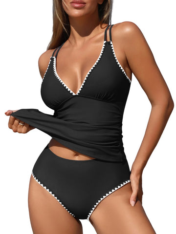 ZAFUL Womens Tankini Swimsuits V Neck Push Up Swim Top Color Block Tummy Control High Waisted Bathing Suits Swim Bottom