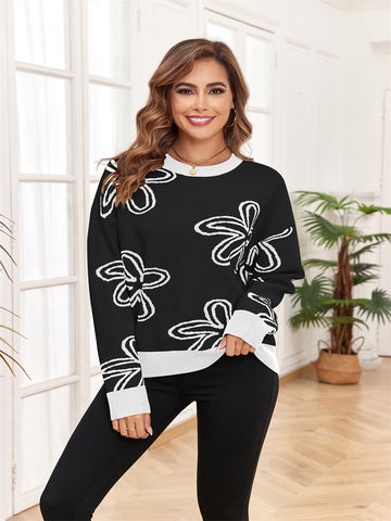 ZAFUL Fashion Women's Floral Pattern Long Sleeve Round Neck Sweater Pullover