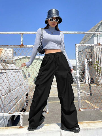 ZAFUL Women's Parachute Pants Baggy Sweatpants Y2K Tall Overalls Go Straight Cargo Pant Trousers with Flat Pockets
