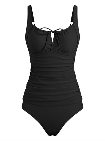 ZAFUL Women's Solid Color Pleated Fashionable Swimsuit Bow Tie Shoulder Straps One Piece Swimsuit