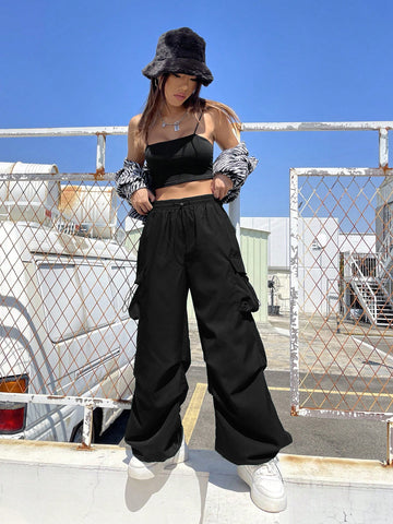 ZAFUL Women's Parachute Pants Baggy Sweatpants Y2K Tall Overalls Go Straight Cargo Pant Trousers with Flat Pockets