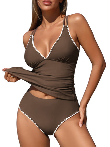 ZAFUL Womens Tankini Swimsuits V Neck Push Up Swim Top Color Block Tummy Control High Waisted Bathing Suits Swim Bottom