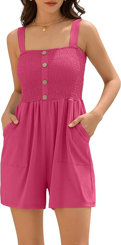 Women's Solid Color Wide Strap Pleated Simple Jumpsuit Casual Rompers Short-AMZ