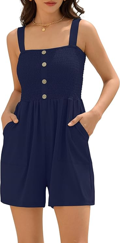 Women's Solid Color Wide Strap Pleated Simple Jumpsuit Casual Rompers Short-AMZ