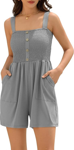 Women's Solid Color Wide Strap Pleated Simple Jumpsuit Casual Rompers Short-AMZ
