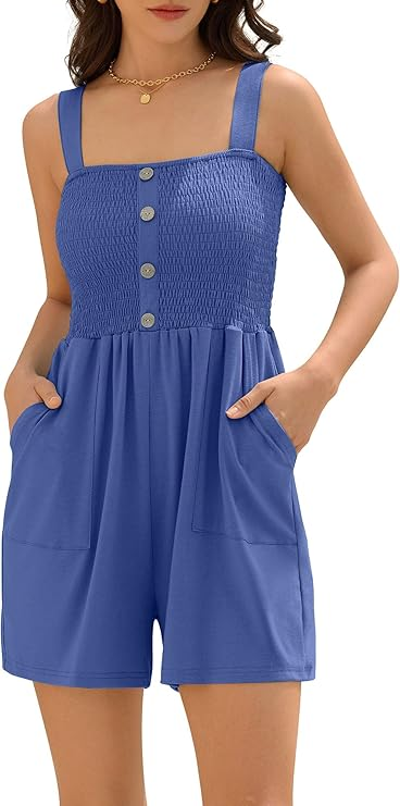 Women's Solid Color Wide Strap Pleated Simple Jumpsuit Casual Rompers Short-AMZ