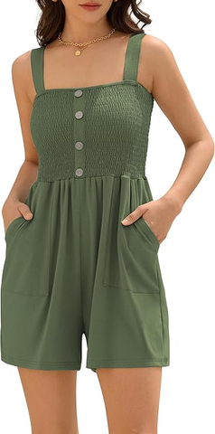 Women's Solid Color Wide Strap Pleated Simple Jumpsuit Casual Rompers Short-AMZ