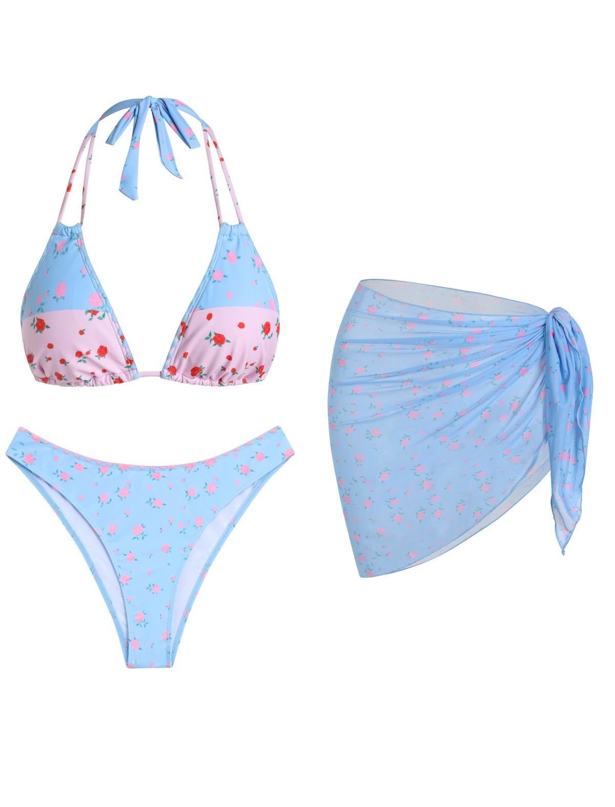 Halter Bikini Swimsuit with Mesh Sarong 3pc Set