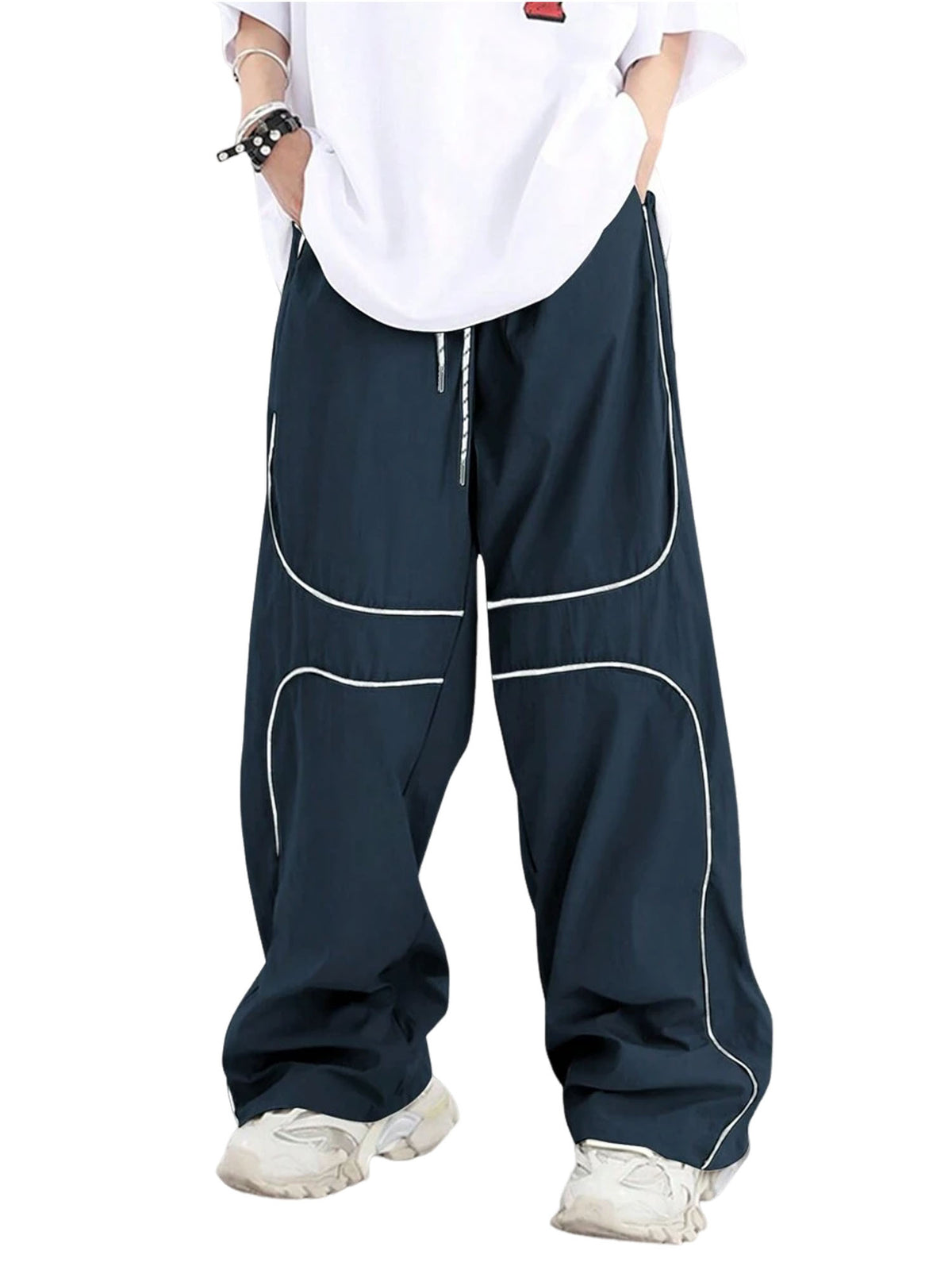 ZAFUL Mens Baggy Pants Y2K Contrast Piping Drawstring Sweatpants Fashion Unisex Oversized Cargo Pants for Men with Pockets