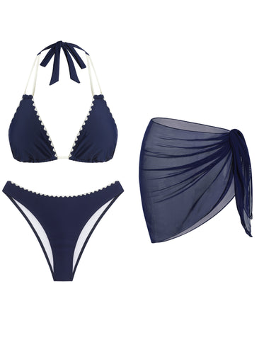 Halter Bikini Swimsuit with Mesh Sarong 3pc Set