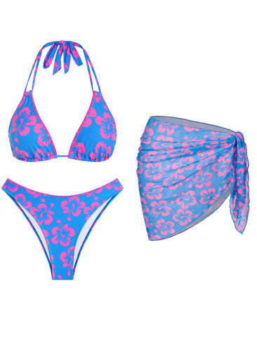 Halter Bikini Swimsuit with Mesh Sarong 3pc Set