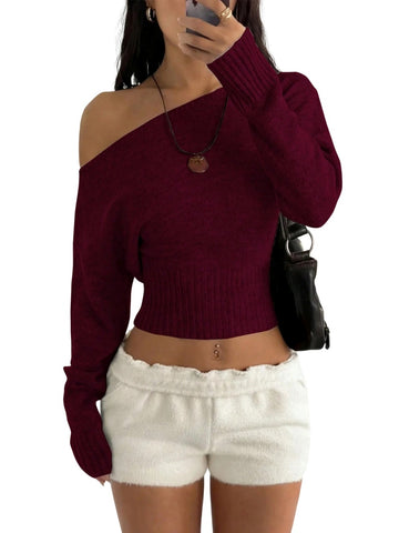 Off Shoulder Cropped Knit Sweater
