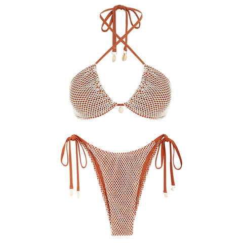 ZAFUL Women's Bikini Set Fishnet Triangle Tie Convertible Collar Halter Bandeau Shell Two Piece Bathing Suit-AMZ