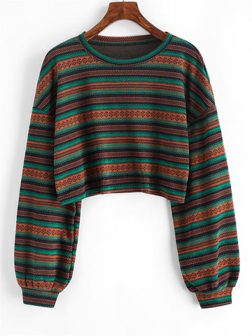 ZAFUL Women's Tribal Ethnic Graphic Cropped Knitwear Bohemian Long Sleeve Pullover Sweater Boho Drop Shoulder Knitted Top