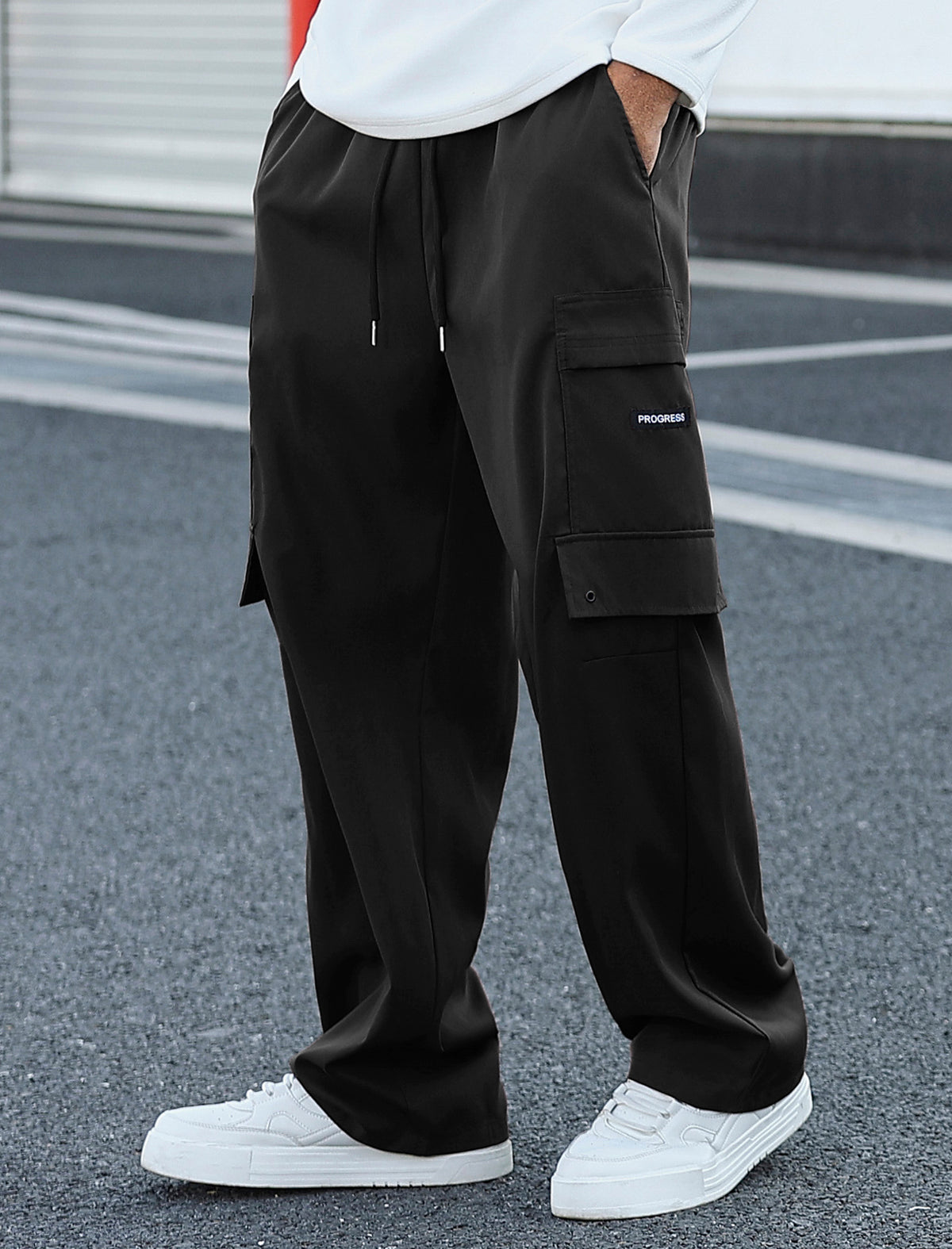 ZAFUL Men's Cargo Pants Relaxed Fit Drawstrings Letter Pattern Flap Pockets Street Track Jogger Sweatpants (1-Black, 2XL)-AMZ