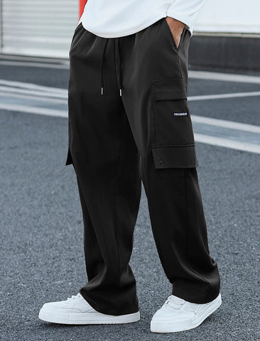 ZAFUL Men's Cargo Pants Relaxed Fit Drawstrings Letter Pattern Flap Pockets Street Track Jogger Sweatpants (1-Black, 2XL)-AMZ