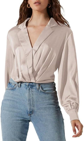 Jillumi Women's Elegant Satin Wrap Crop Tops Long Sleeve Silk Shirt